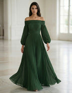 Dark Green Off Shoulder Pleated Lantern Sleeves Maxi Dress
