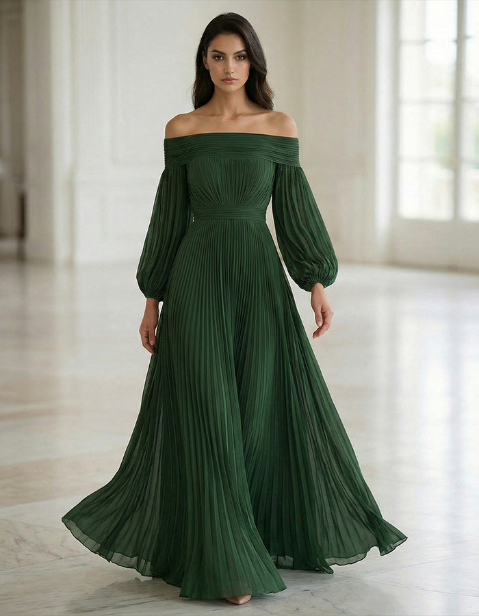 Dark Green Off Shoulder Pleated Lantern Sleeves Maxi Dress