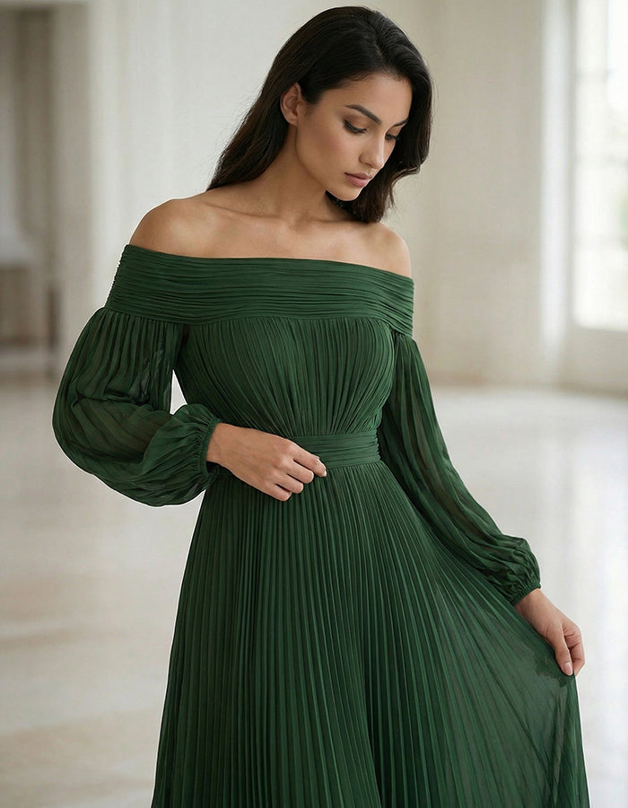 Dark Green Off Shoulder Pleated Lantern Sleeves Maxi Dress