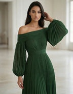 Dark Green Off Shoulder Pleated Lantern Sleeves Maxi Dress