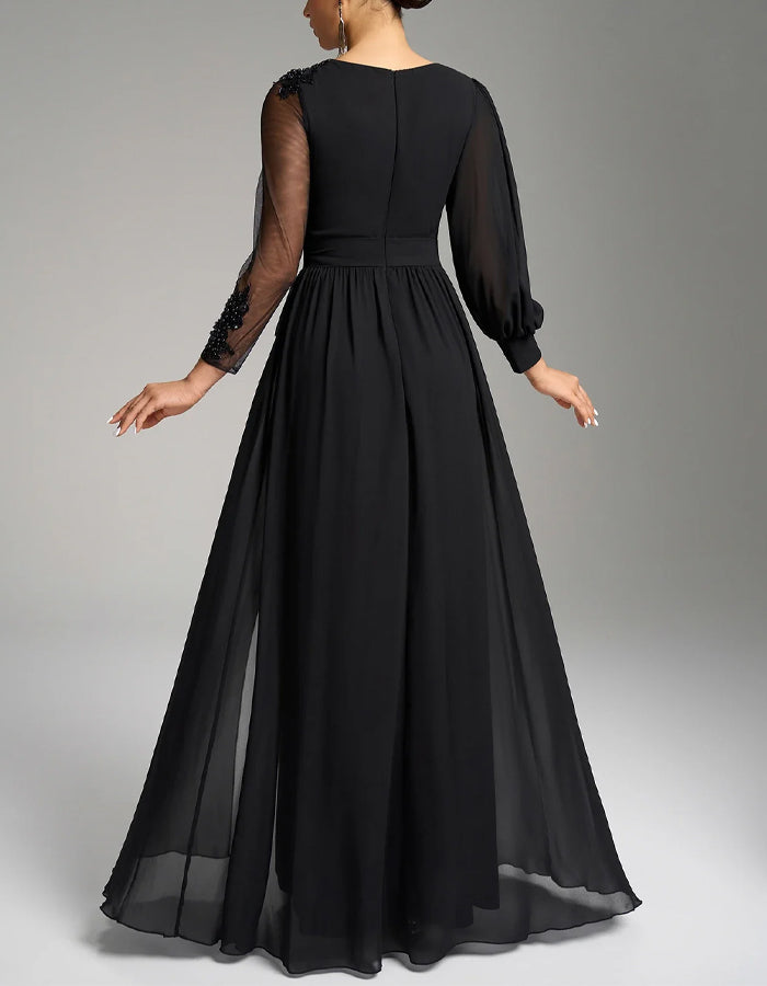 Black Chiffon Sequined Embroidered Slit Maxi Dress