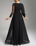 Black Chiffon Sequined Embroidered Slit Maxi Dress