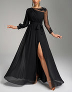 Black Chiffon Sequined Embroidered Slit Maxi Dress