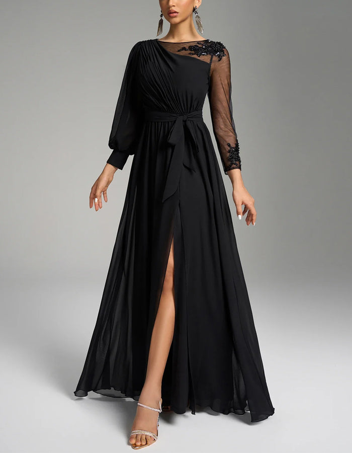 Black Chiffon Sequined Embroidered Slit Maxi Dress