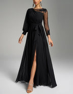 Black Chiffon Sequined Embroidered Slit Maxi Dress