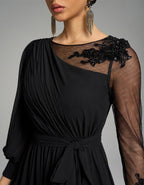 Black Chiffon Sequined Embroidered Slit Maxi Dress