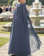 Blue Grey Chiffon Cape Sleeve Sequined Waist Wide Leg Jumpsuit