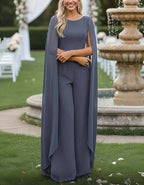 Blue Grey Chiffon Cape Sleeve Sequined Waist Wide Leg Jumpsuit