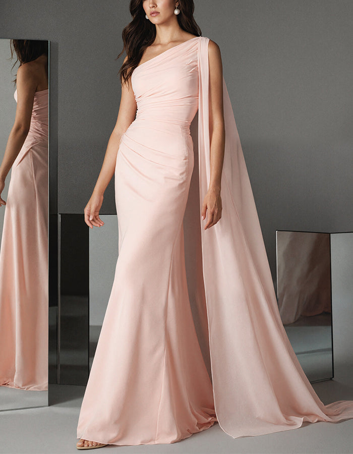 Light Pink One Shoulder Draped Chiffon Fishtail Maxi Dress