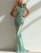Solid Color Satin One Shoulder Ruffled Fishtail Maxi Dress
