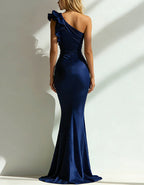Solid Color Satin One Shoulder Ruffled Fishtail Maxi Dress