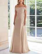 Solid Color Off Shoulder Lace Embroidered Full Maxi Dress