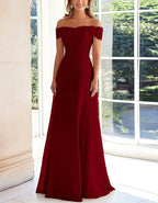 Solid Color Off Shoulder Lace Embroidered Full Maxi Dress
