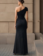 Black Draped Elastic Single Shoulder Knot High Slit Maxi Dress