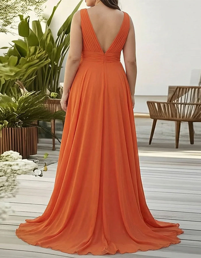 Solid Color Deep V-Neck Layered Chiffon Maxi Dress