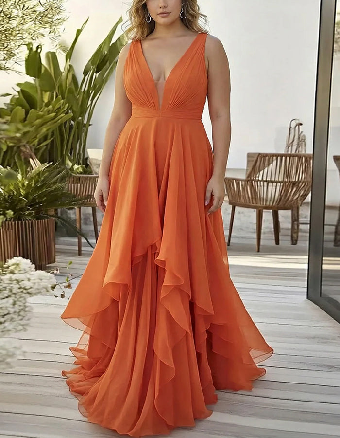 Solid Color Deep V-Neck Layered Chiffon Maxi Dress