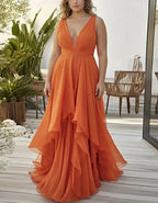 Solid Color Deep V-Neck Layered Chiffon Maxi Dress