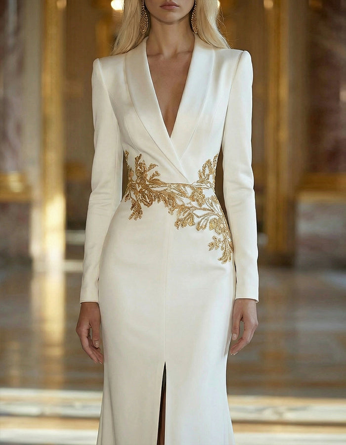 White Satin Deep V-Neck With Gold Branch Embroidery And High Slit Maxi Dress