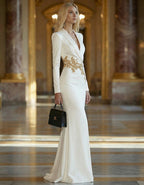White Satin Deep V-Neck With Gold Branch Embroidery And High Slit Maxi Dress