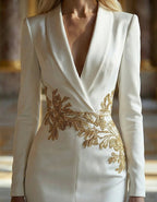 White Satin Deep V-Neck With Gold Branch Embroidery And High Slit Maxi Dress