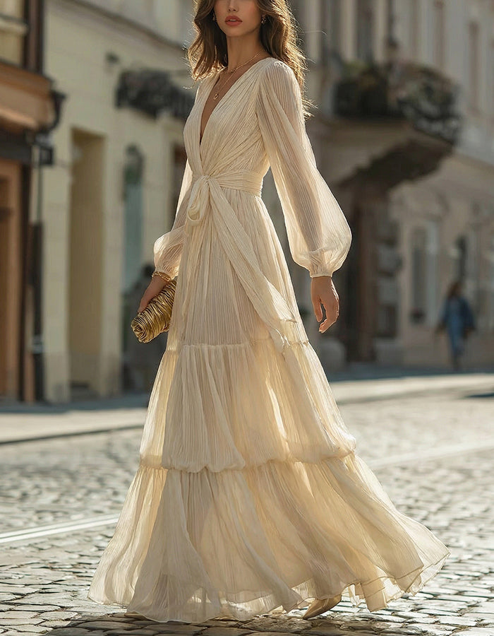 Beige Pleated Chiffon Deep V-Neck Tie Waist Layered Maxi Dress