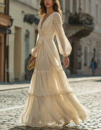 Beige Pleated Chiffon Deep V-Neck Tie Waist Layered Maxi Dress