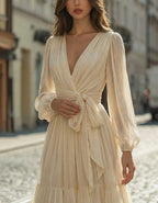 Beige Pleated Chiffon Deep V-Neck Tie Waist Layered Maxi Dress