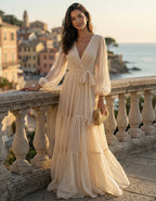 Beige Pleated Chiffon Deep V-Neck Tie Waist Layered Maxi Dress