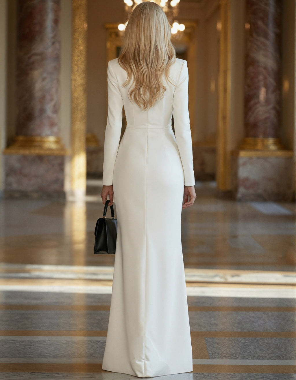 White Satin Deep V-Neck With Gold Branch Embroidery And High Slit Maxi Dress