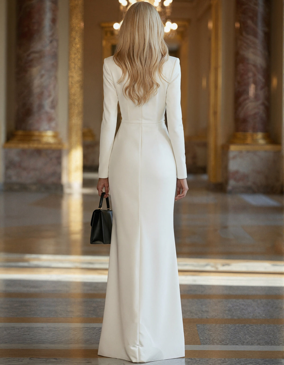 White Satin Deep V-Neck With Gold Branch Embroidery And High Slit Maxi Dress