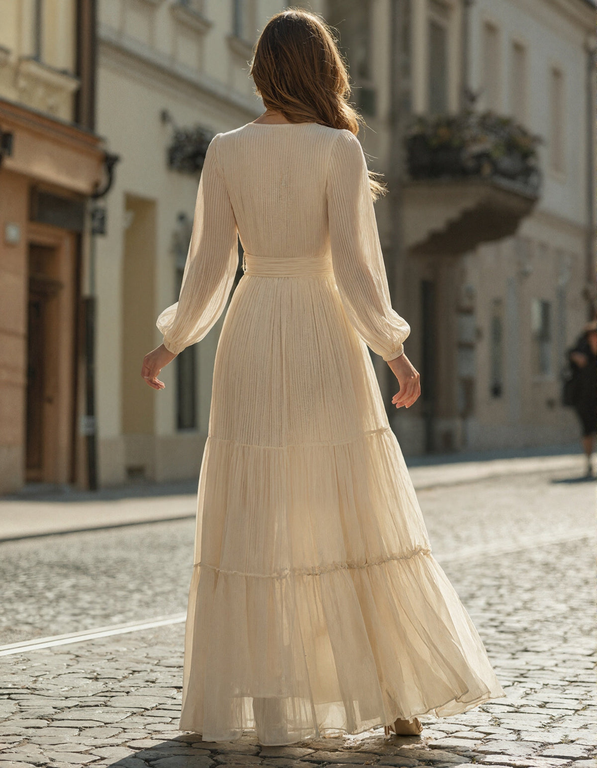 Beige Pleated Chiffon Deep V-Neck Tie Waist Layered Maxi Dress