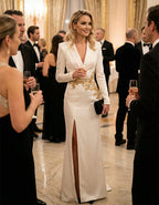 White Satin Deep V-Neck With Gold Branch Embroidery And High Slit Maxi Dress