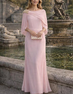 Solid Color Chiffon Off Shoulder Beaded Shawl Maxi Dress