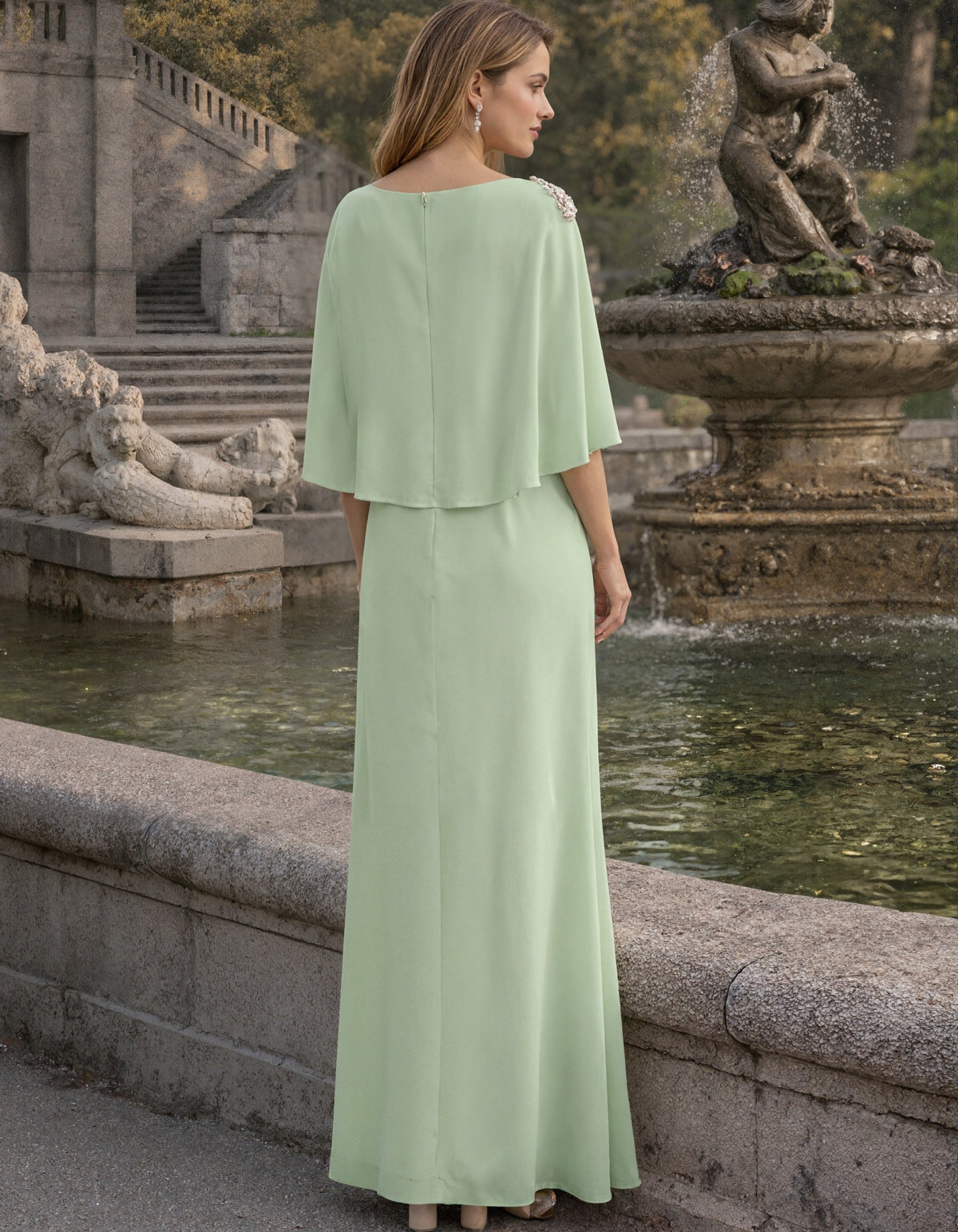 Solid Color Chiffon Off Shoulder Beaded Shawl Maxi Dress