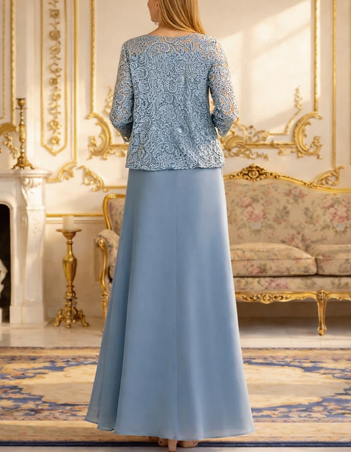 Blue Lace Trimmed Chiffon Waistband Maxi Dress
