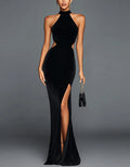 Black Halter Neck Waist Revealing High Slit Fishtail Maxi Dress