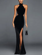 Black Halter Neck Waist Revealing High Slit Fishtail Maxi Dress