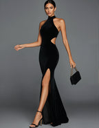 Black Halter Neck Waist Revealing High Slit Fishtail Maxi Dress