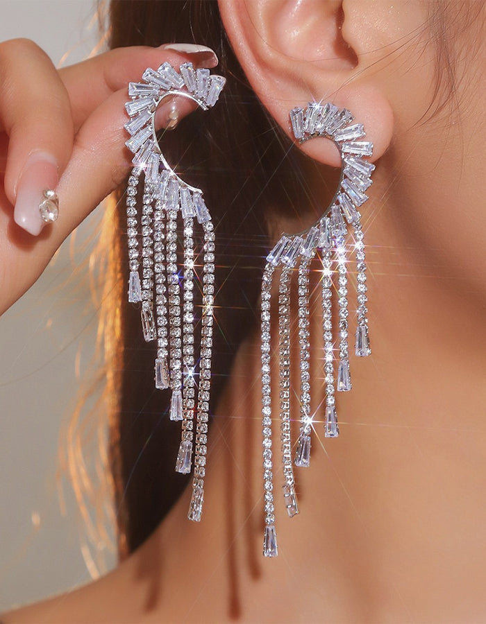 Zircon Rhinestone Long Tassel Earrings