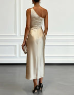 Solid Color Satin One Shoulder Pleated Midi Dress