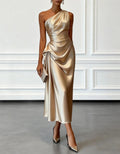 Solid Color Satin One Shoulder Pleated Midi Dress