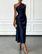 Solid Color Satin One Shoulder Pleated Midi Dress