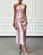 Solid Color Satin One Shoulder Pleated Midi Dress
