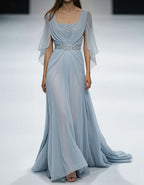 Ice Blue Chiffon Cape Sleeves Maxi Dress