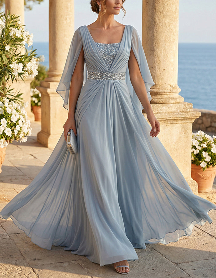 Ice Blue Chiffon Cape Sleeves Maxi Dress