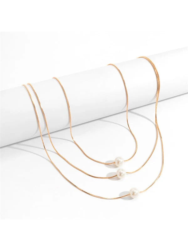 Geometric Thin Chain Snake Bone Multi Layered Pearl Necklace