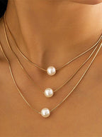 Geometric Thin Chain Snake Bone Multi Layered Pearl Necklace