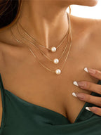 Geometric Thin Chain Snake Bone Multi Layered Pearl Necklace