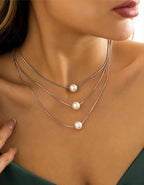 Geometric Thin Chain Snake Bone Multi Layered Pearl Necklace