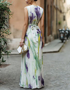 Iris Print Pleated Sleeveless Fitted Waist Maxi Dress